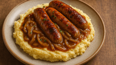 Sausages in Onion Sauce with Mustard Mash