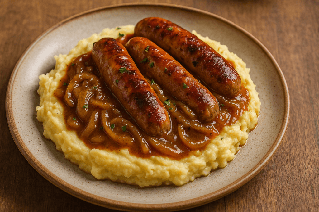 Sausages in Onion Sauce with Mustard Mash